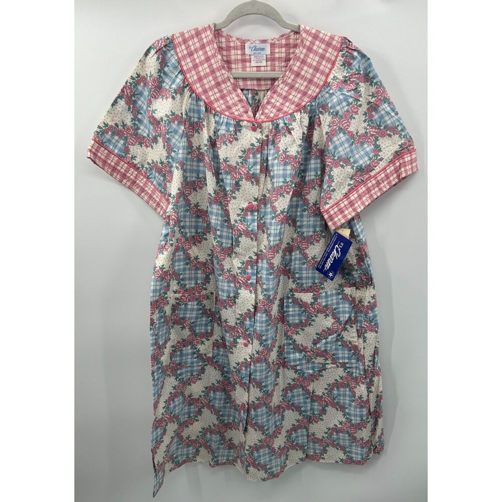 NWT Vtg 70s Granny Cottagecore Floral Snap Midi House Dress Brunch Coat Robe 2X